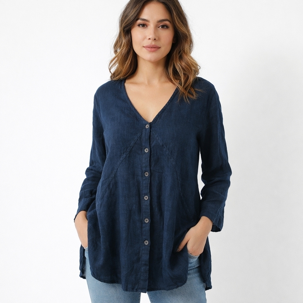 Flax Navy Blue Button-Front Linen Tunic